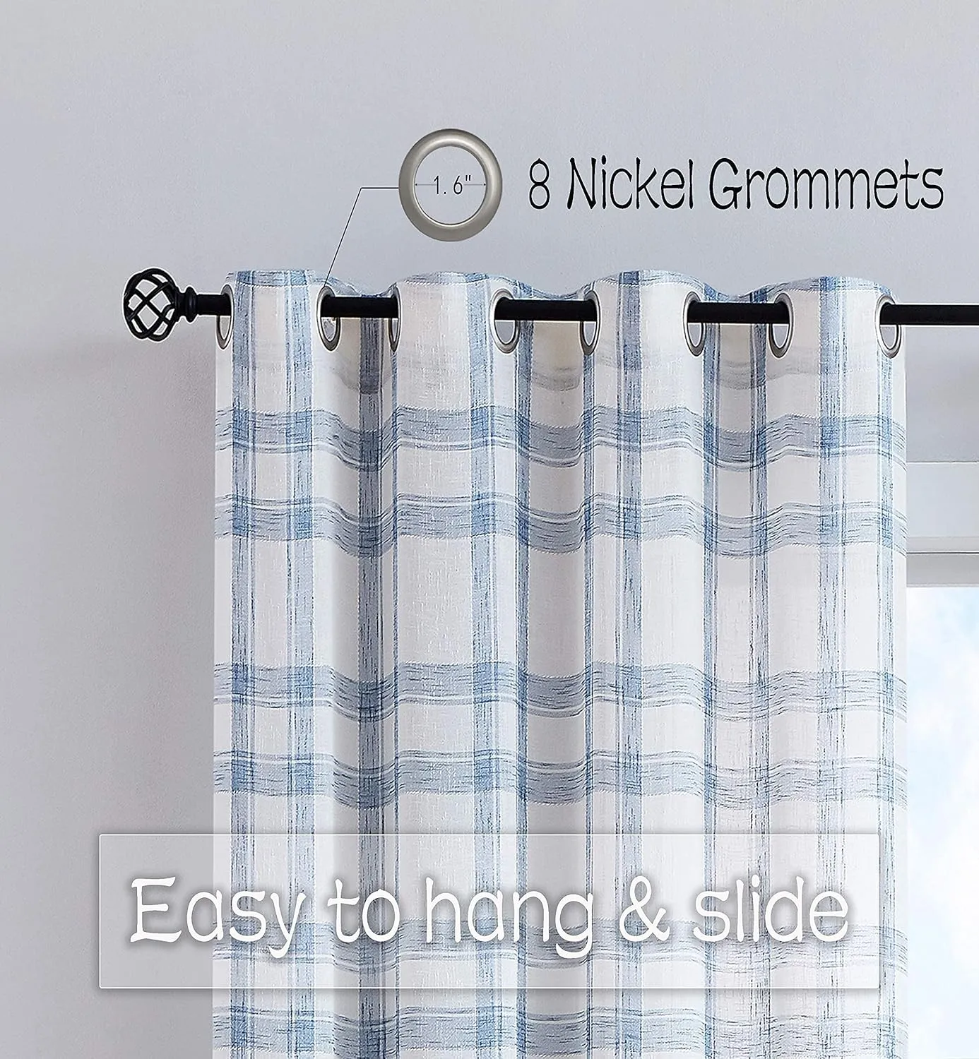 Randall Linen Window Curtain Panel Pairs for Living Room 84" Long Geometric Check Grommets Top Semi Sheer Window Treatment Heavy Rustic Farmhouse Style Drapes for Bedroom 54"x84"x2, Blue White