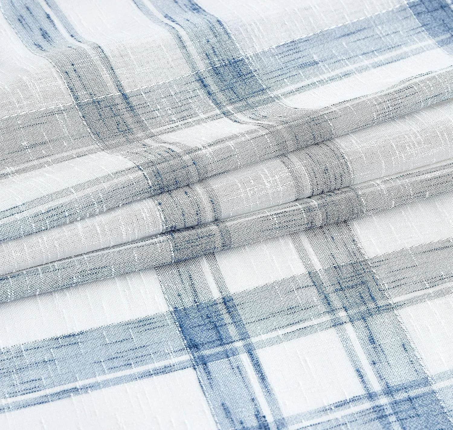 Randall Linen Window Curtain Panel Pairs for Living Room 84" Long Geometric Check Grommets Top Semi Sheer Window Treatment Heavy Rustic Farmhouse Style Drapes for Bedroom 54"x84"x2, Blue White