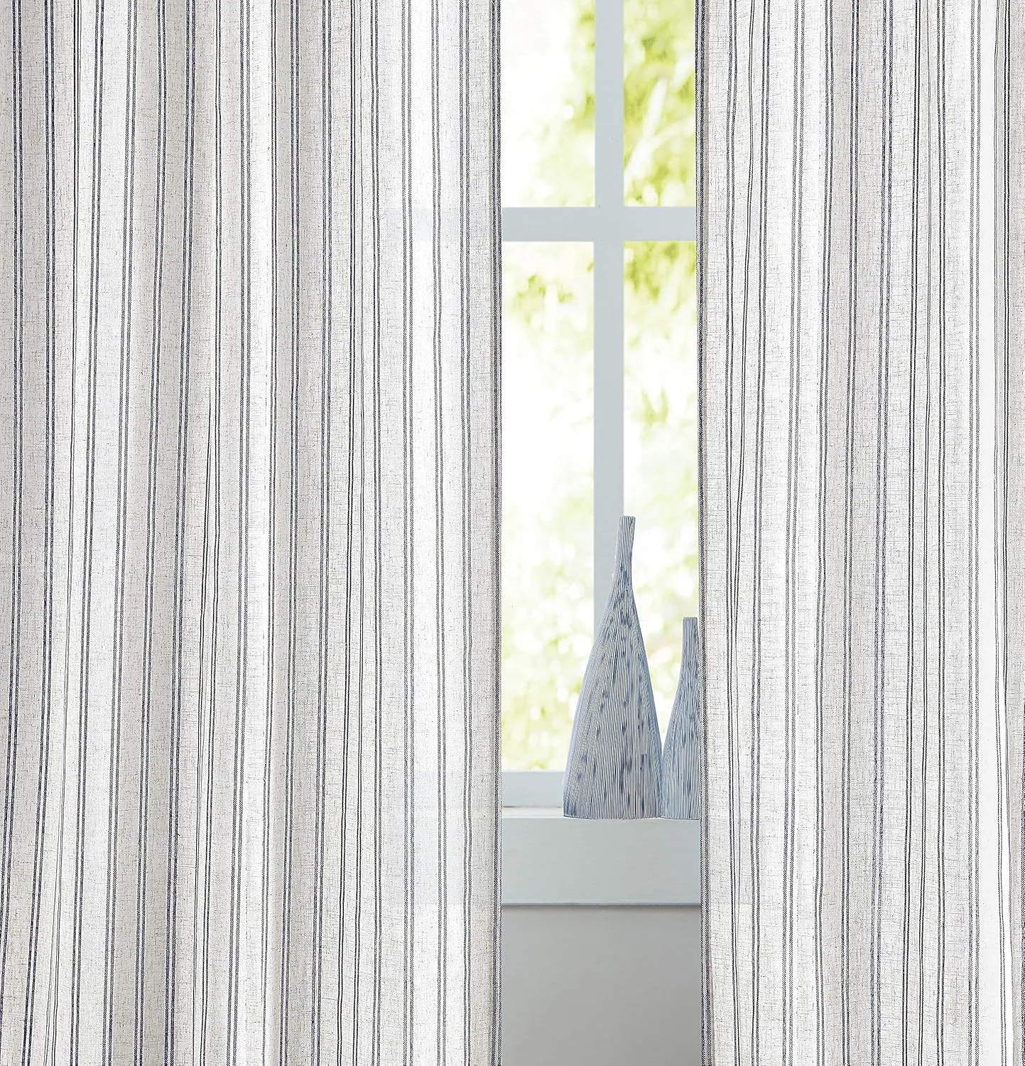 Randall Stripe Farmhouse Window Curtain Panels Linen Rustic Yarn Dyed Heavy Semi Sheer Drapes for Living Room Window Treatment Sets, 40"x63"x2, Navy/Dark Blue