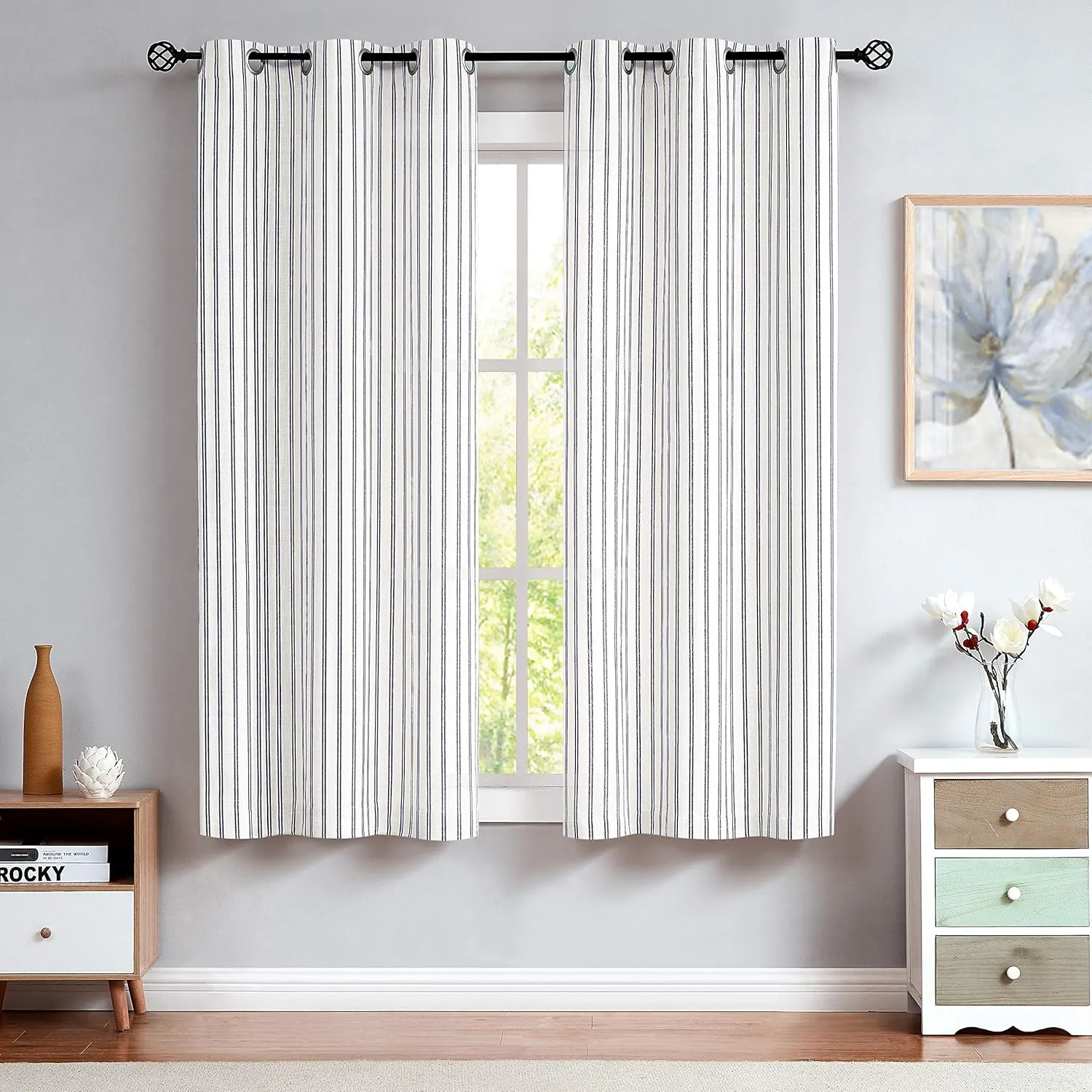 Randall Stripe Farmhouse Window Curtain Panels Linen Rustic Yarn Dyed Heavy Semi Sheer Drapes for Living Room Window Treatment Sets, 40"x63"x2, Navy/Dark Blue