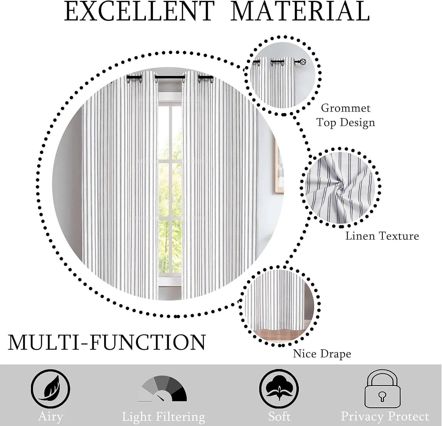 Randall Stripe Farmhouse Window Curtain Panels Linen Rustic Yarn Dyed Heavy Semi Sheer Drapes for Living Room Window Treatment Sets, 40"x63"x2, Navy/Dark Blue