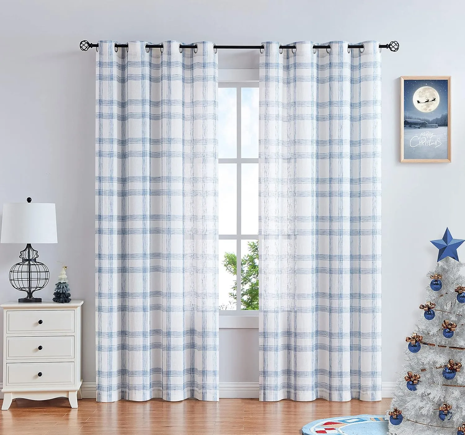 Randall White Blue Check Window Curtain Panel Pairs 63" Long for Living Room Linen Blend Semi Sheers Grommets Top Rustic Farmhouse Style Window Treatment Drape Sets for Bedroom 54"x63"x2, Blue/White