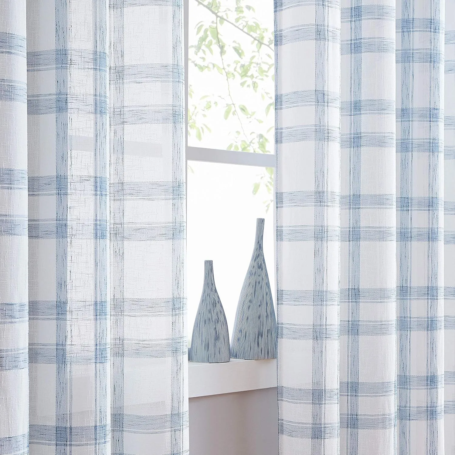 Randall White Blue Check Window Curtain Panel Pairs 63" Long for Living Room Linen Blend Semi Sheers Grommets Top Rustic Farmhouse Style Window Treatment Drape Sets for Bedroom 54"x63"x2, Blue/White