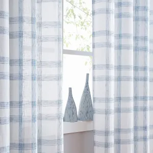 Randall White Blue Check Window Curtain Panel Pairs 63" Long for Living Room Linen Blend Semi Sheers Grommets Top Rustic Farmhouse Style Window Treatment Drape Sets for Bedroom 54"x63"x2, Blue/White