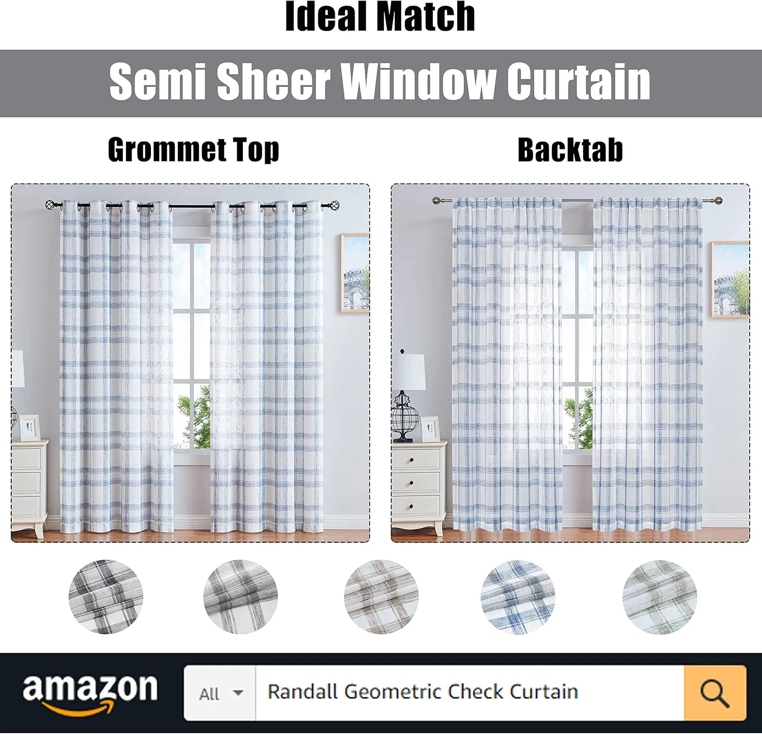Randall White Blue Check Window Curtain Panel Pairs 63" Long for Living Room Linen Blend Semi Sheers Grommets Top Rustic Farmhouse Style Window Treatment Drape Sets for Bedroom 54"x63"x2, Blue/White