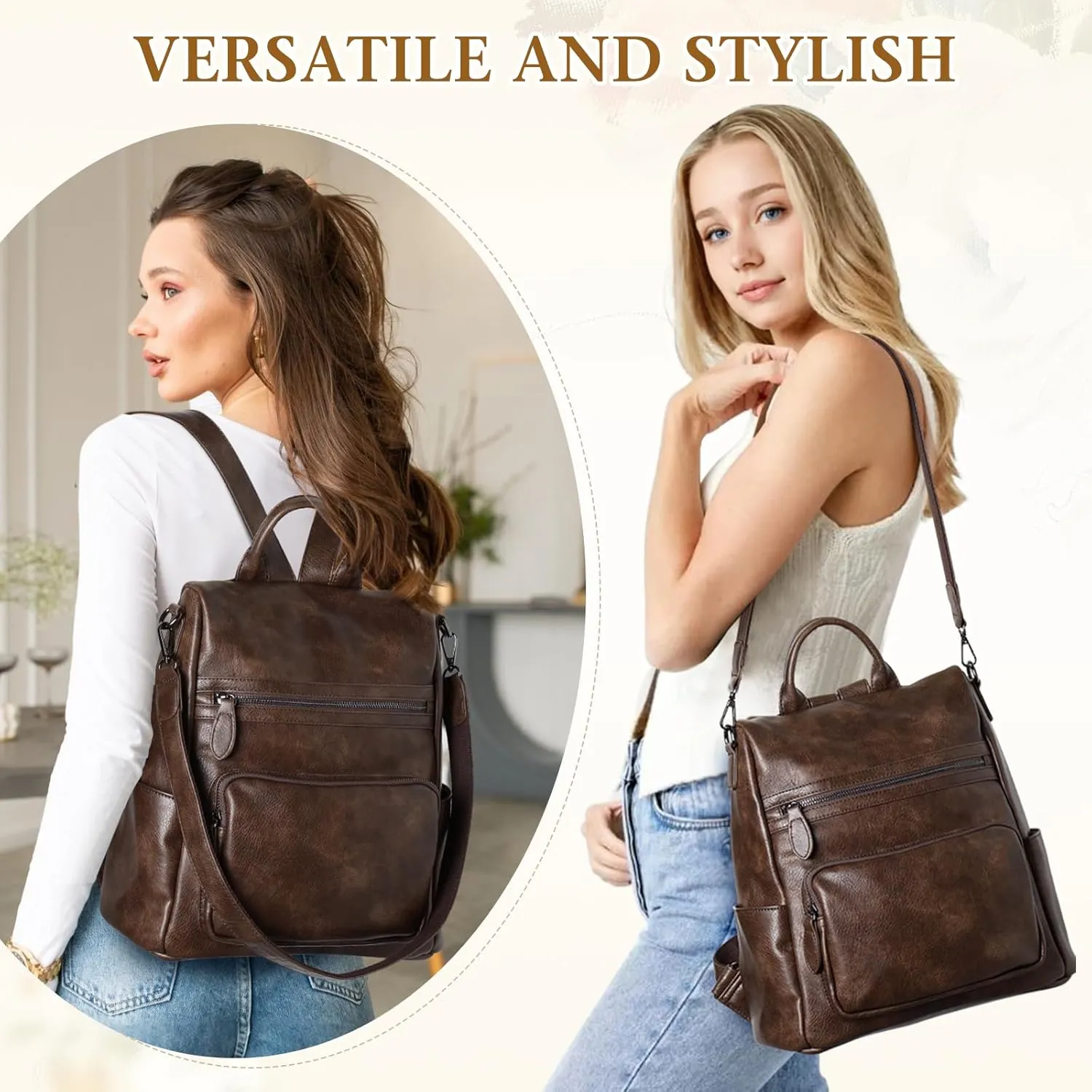 RAVUO Anti Theft Backpack Purse for Women, PU Leather Designer Convertible Shoulder Bag Three Ways to Carry