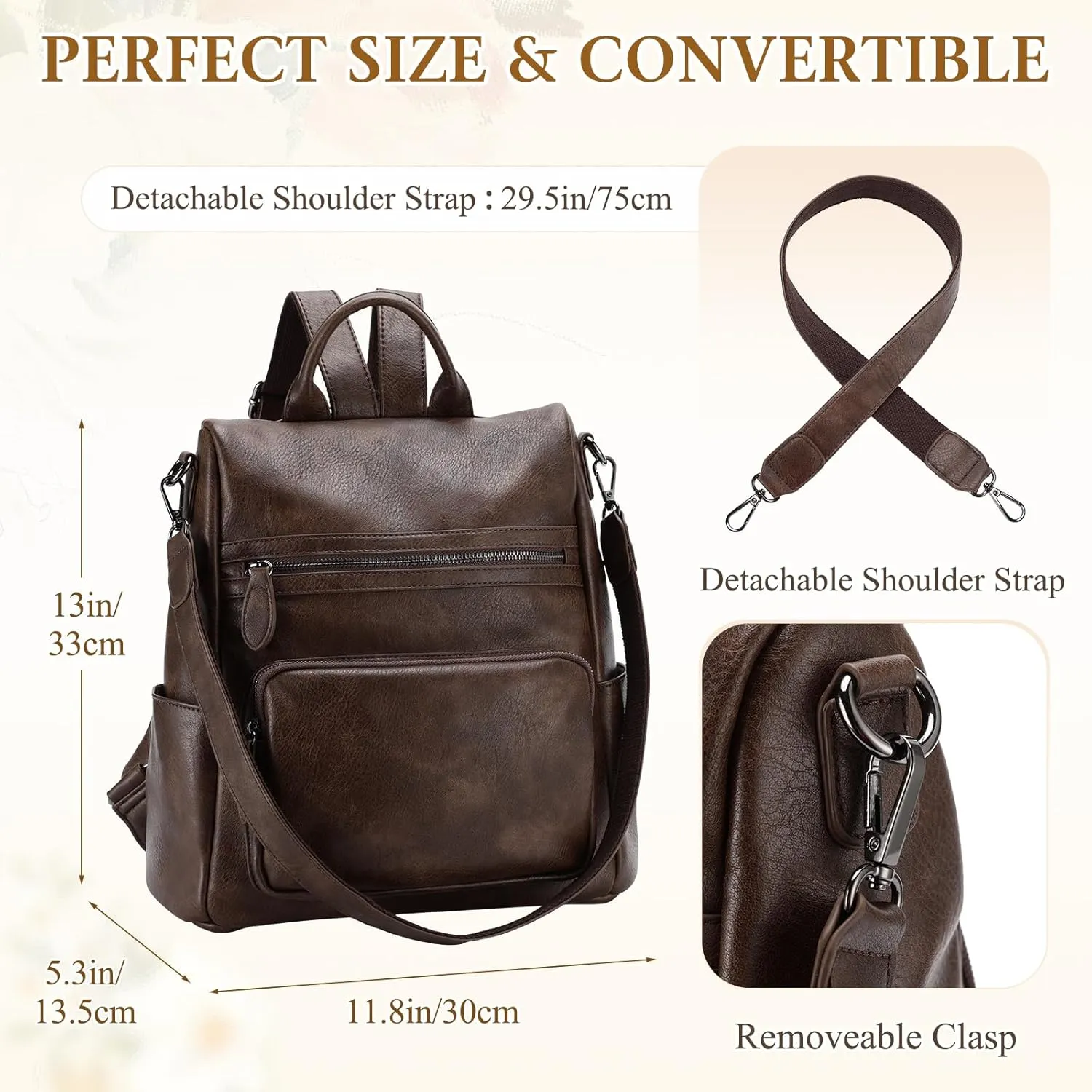 RAVUO Anti Theft Backpack Purse for Women, PU Leather Designer Convertible Shoulder Bag Three Ways to Carry