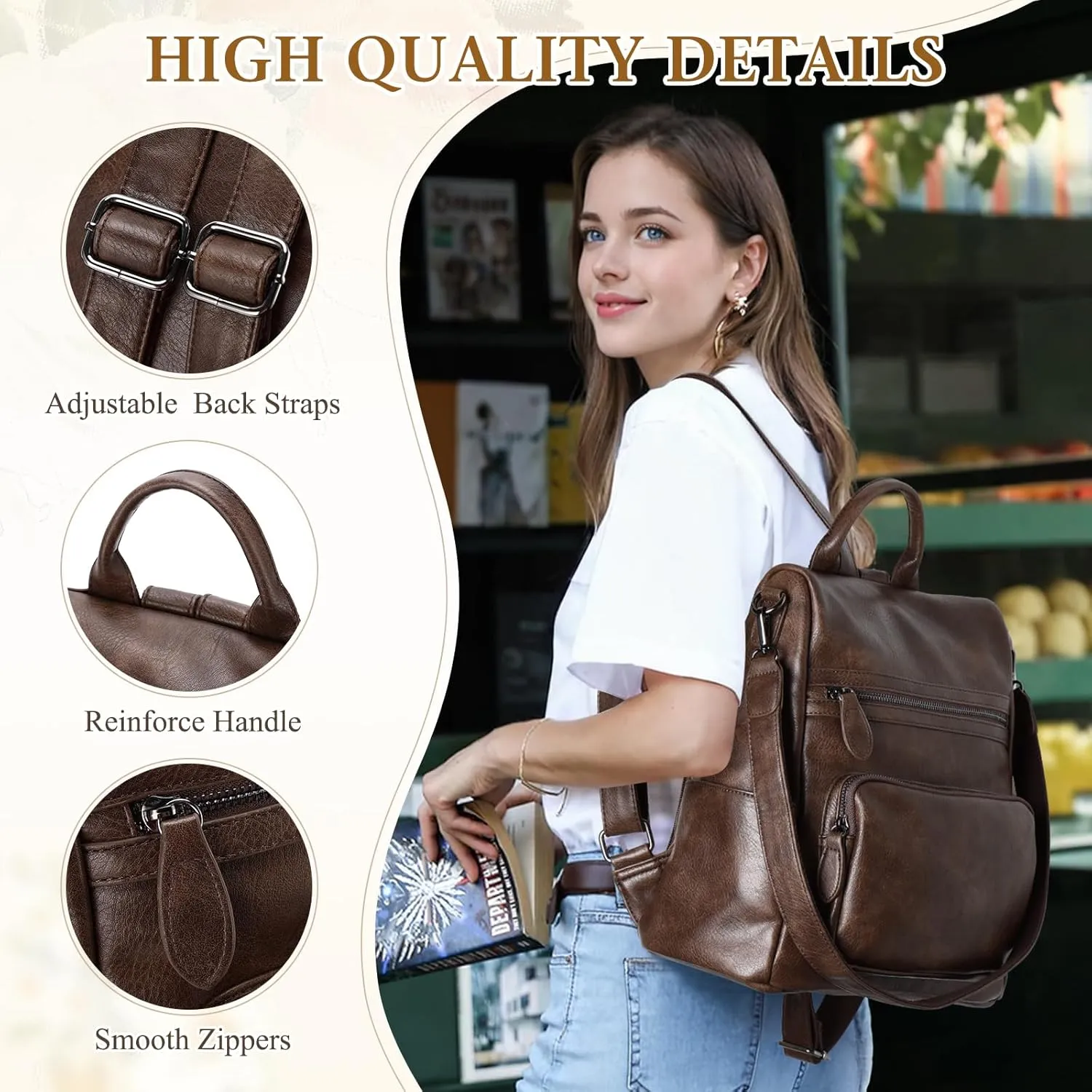 RAVUO Anti Theft Backpack Purse for Women, PU Leather Designer Convertible Shoulder Bag Three Ways to Carry