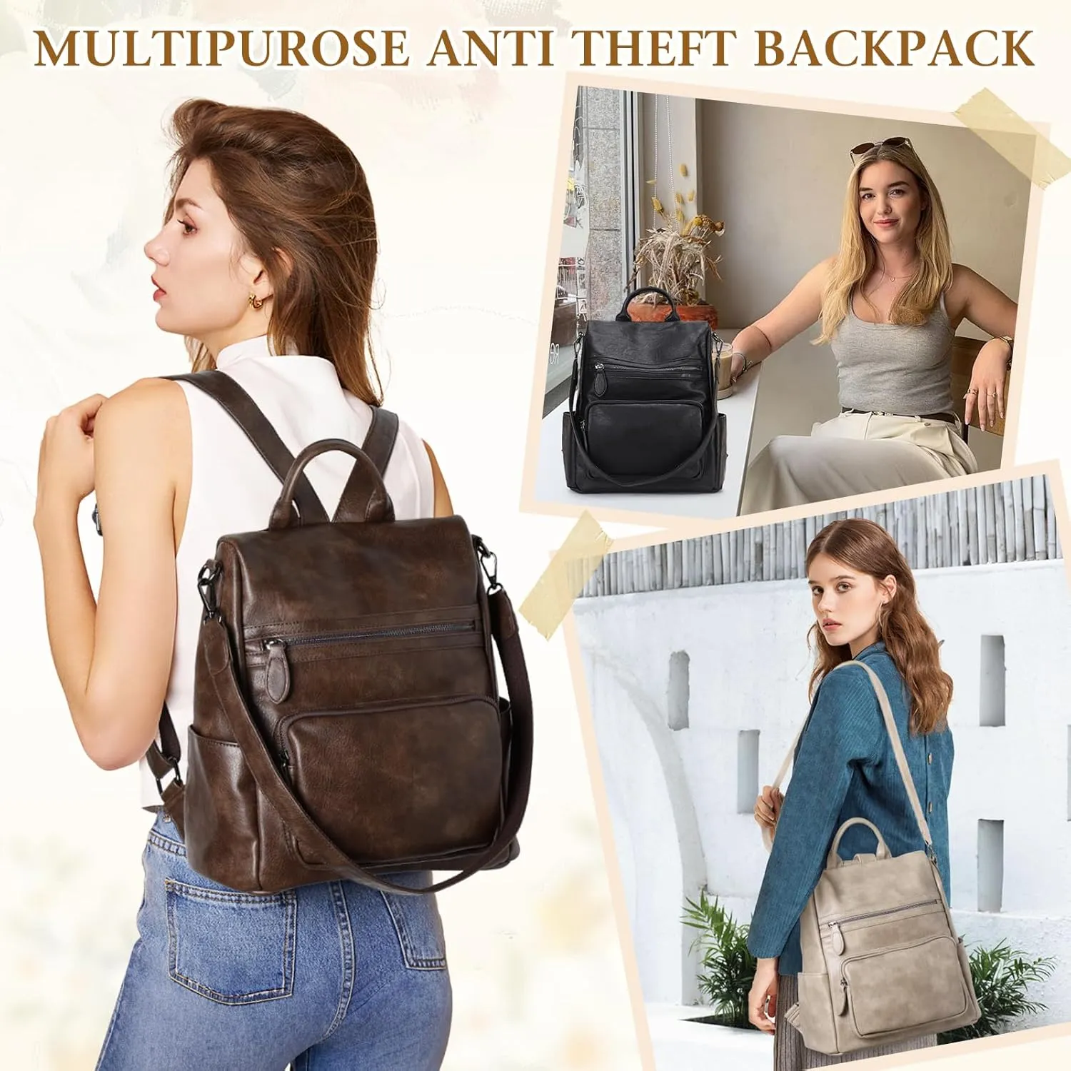 RAVUO Anti Theft Backpack Purse for Women, PU Leather Designer Convertible Shoulder Bag Three Ways to Carry