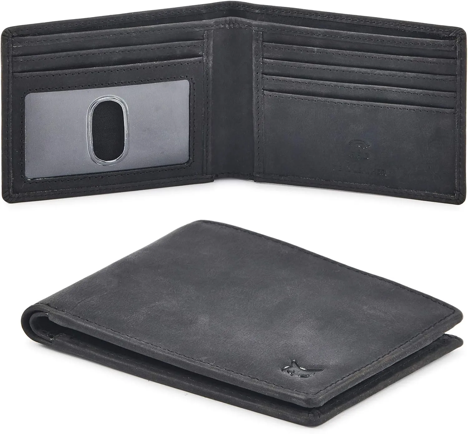 Real Leather Mens Bifold Wallet RFID Blocking Slim Minimalist Front Pocket - Thin & Stylish with ID Window in Gift Box (Crazy Horse, Black)