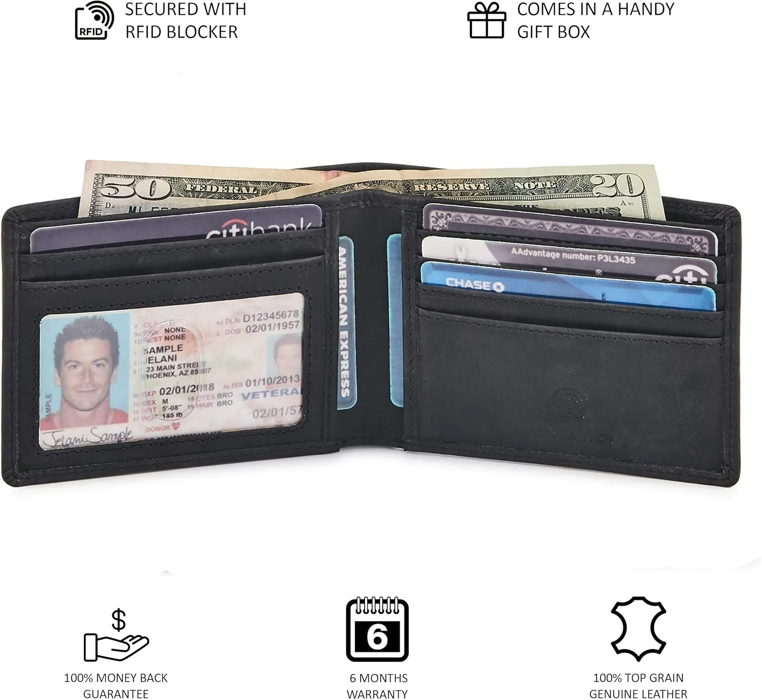 Real Leather Mens Bifold Wallet RFID Blocking Slim Minimalist Front Pocket - Thin & Stylish with ID Window in Gift Box (Crazy Horse, Black)