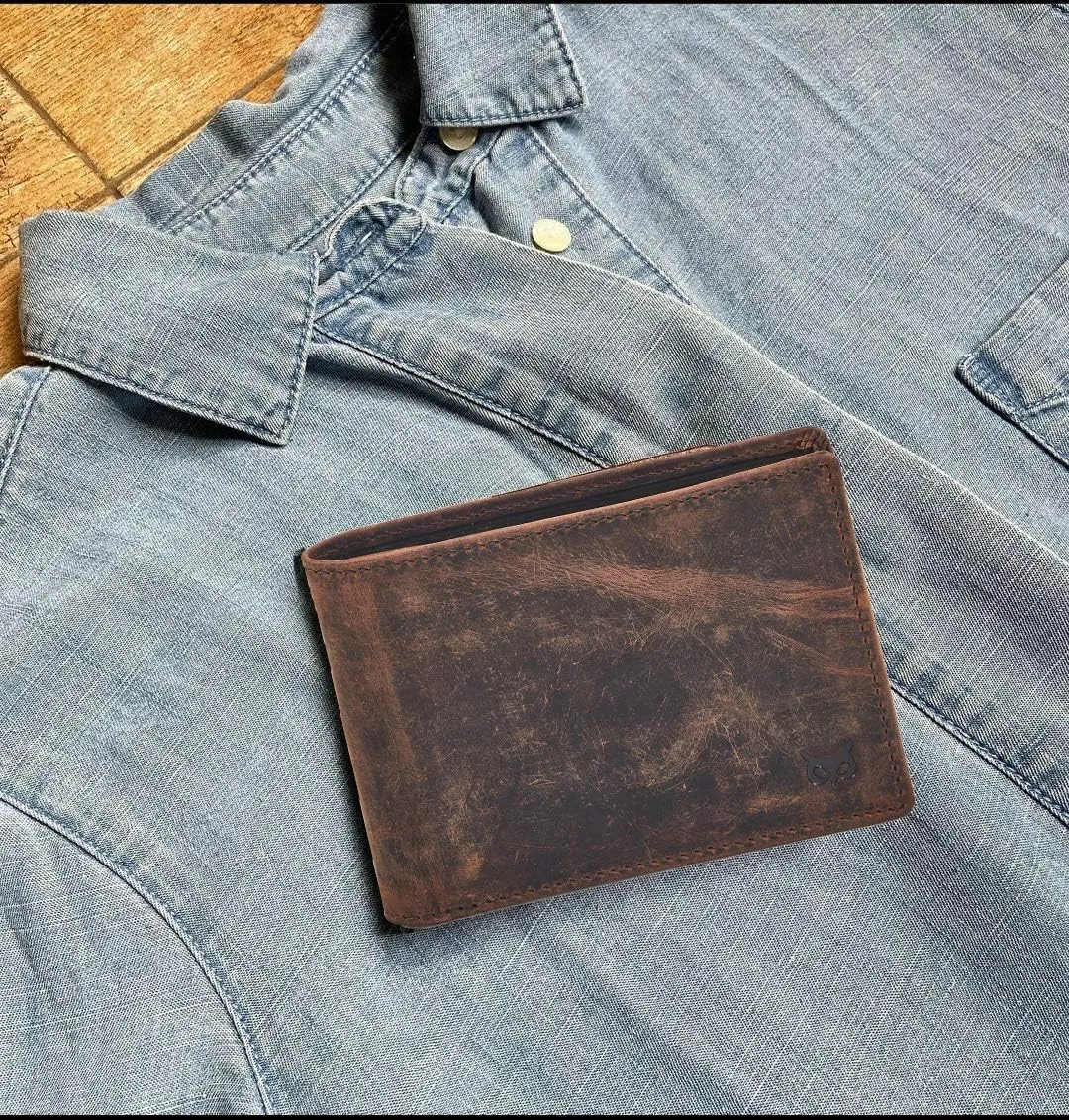 Real Leather Mens Bifold Wallet RFID Blocking Slim Minimalist Front Pocket - Thin & Stylish with ID Window in Gift Box (Crazy Horse, Cognac)