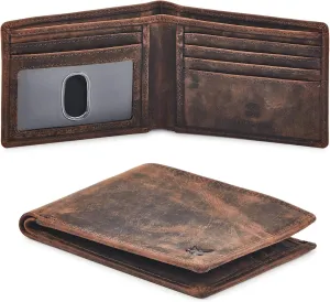 Real Leather Mens Bifold Wallet RFID Blocking Slim Minimalist Front Pocket - Thin & Stylish with ID Window in Gift Box (Crazy Horse, Cognac)