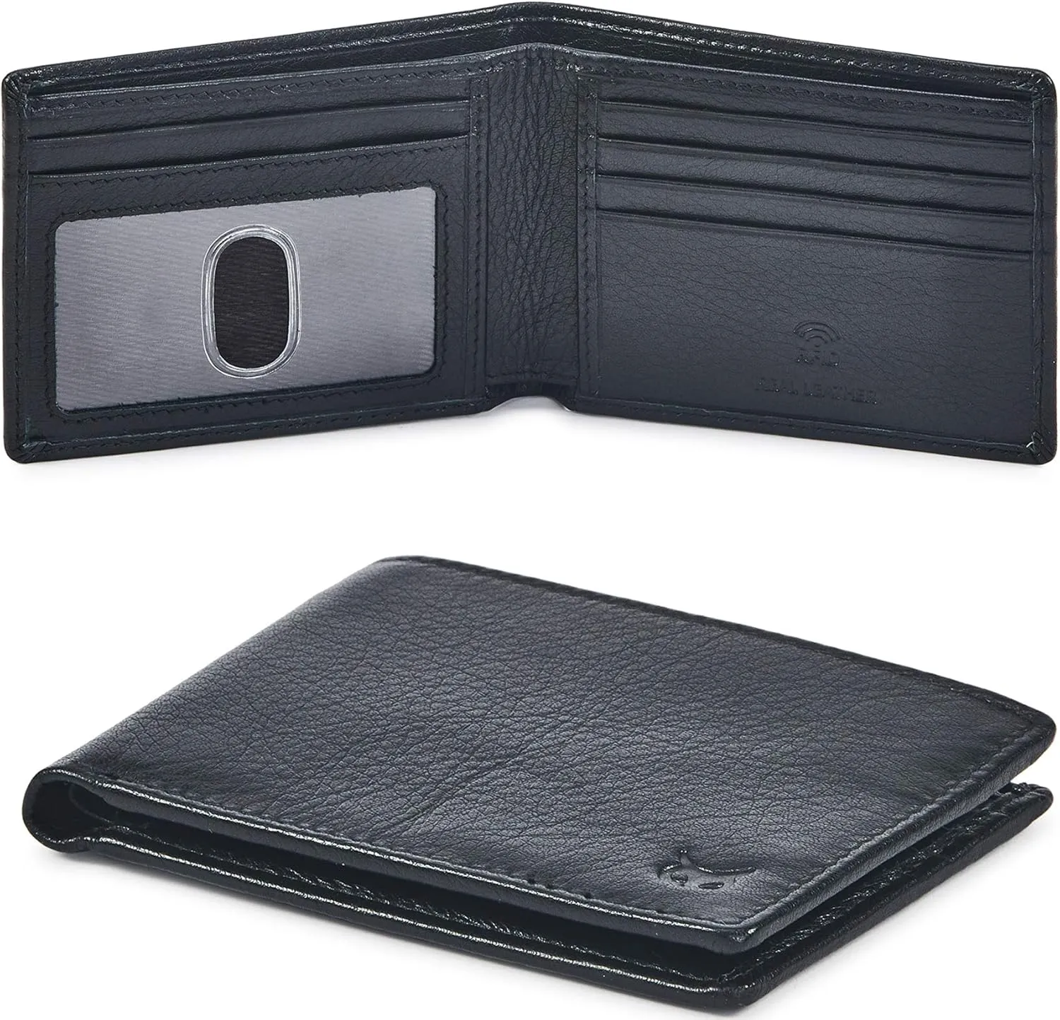 Real Leather Mens Bifold Wallet RFID Blocking Slim Minimalist Front Pocket - Thin & Stylish with ID Window in Gift Box (Nappa, Black)