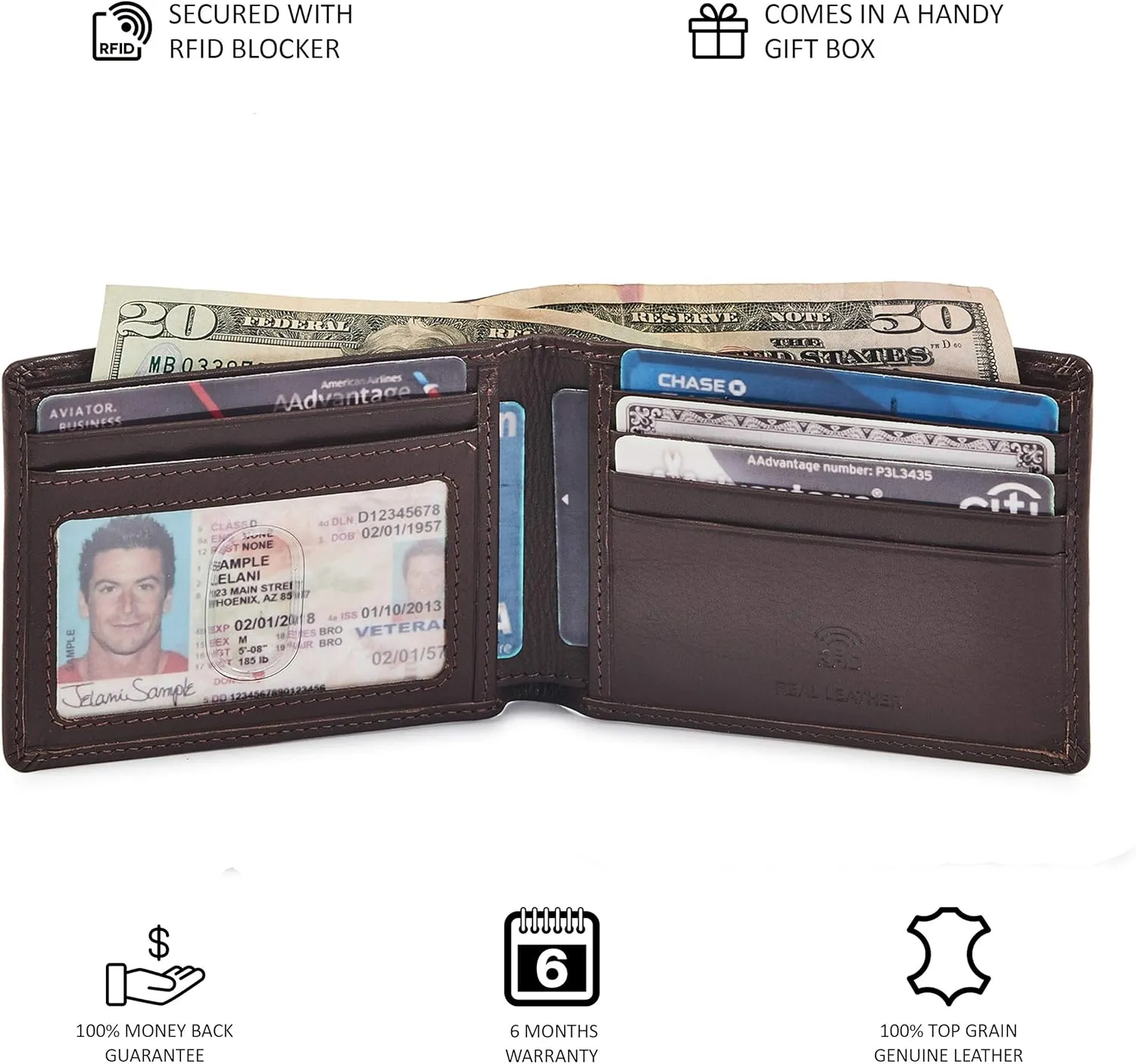 Real Leather Mens Bifold Wallet RFID Blocking Slim Minimalist Front Pocket - Thin & Stylish with ID Window in Gift Box (Nappa, Chocolate)
