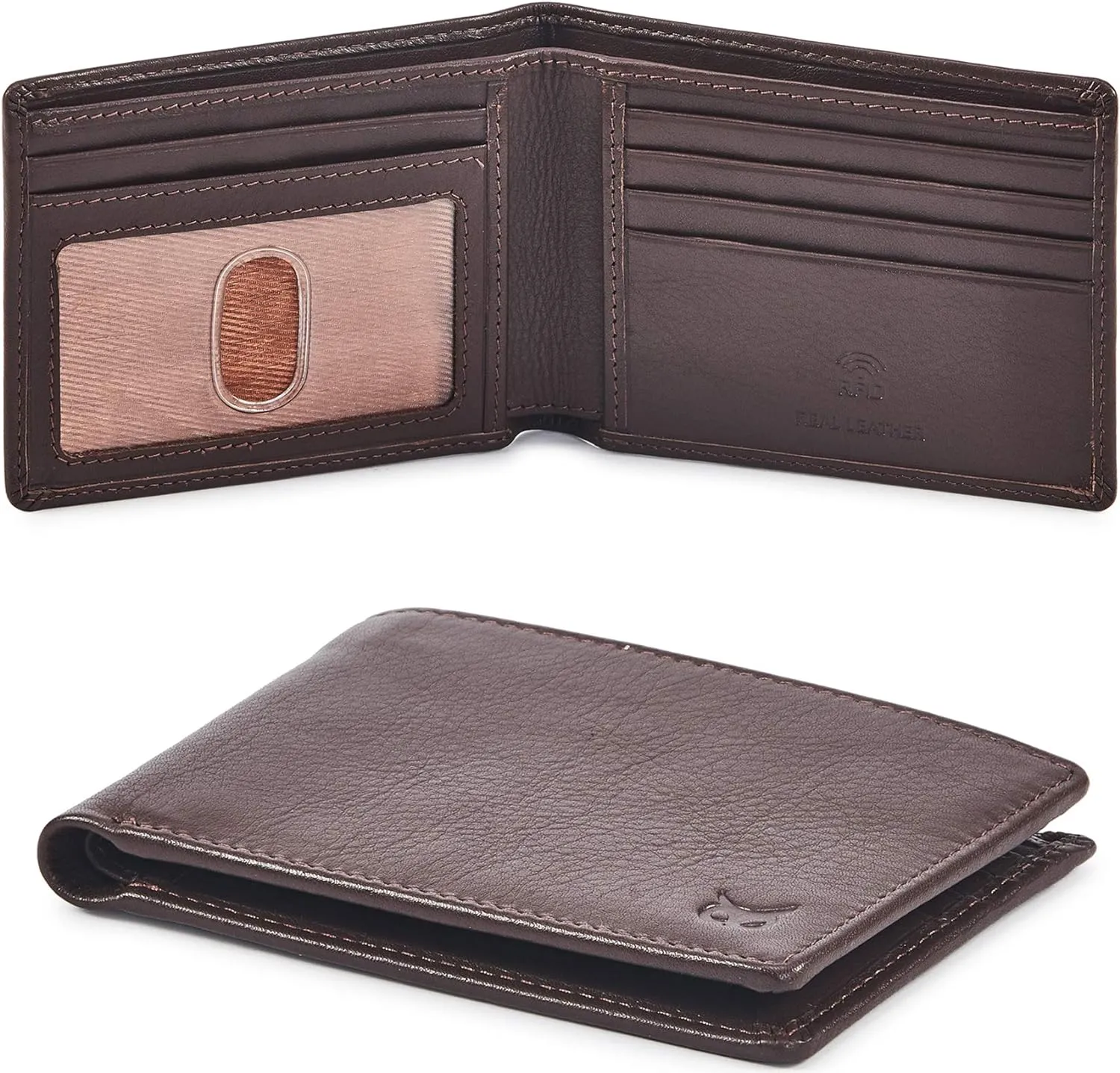 Real Leather Mens Bifold Wallet RFID Blocking Slim Minimalist Front Pocket - Thin & Stylish with ID Window in Gift Box (Nappa, Chocolate)