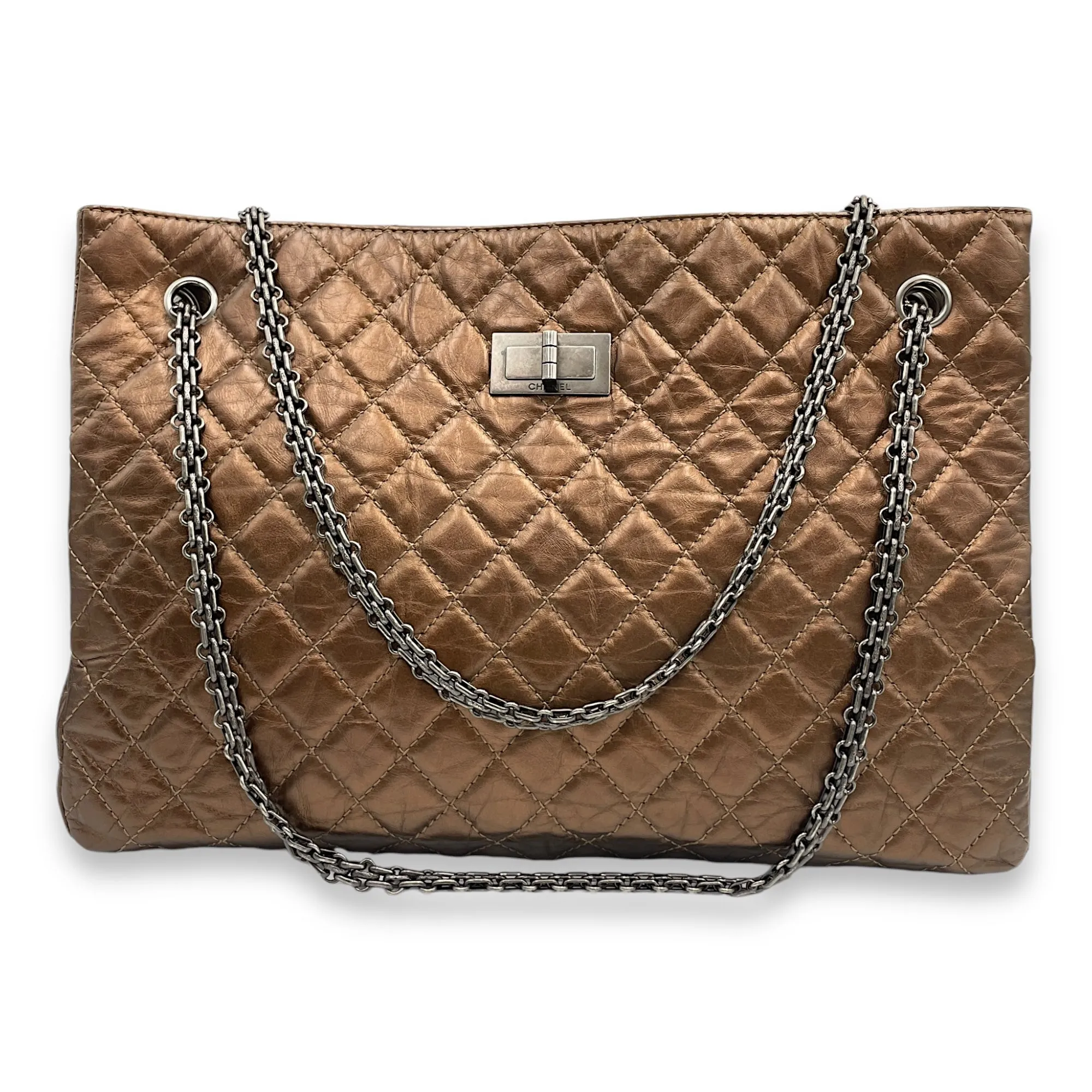Reissue Shopping Tote 36x25x9cm Brown Shoulder Bag in Distressed Leather, Ruthenium-finish Brass hardware