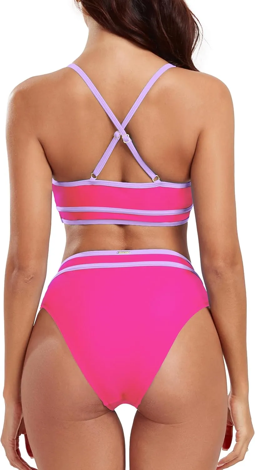RELLECIGA Women's High Waisted Bikini Set V Neck Color Block Tummy Control Two Piece Bathing Suits