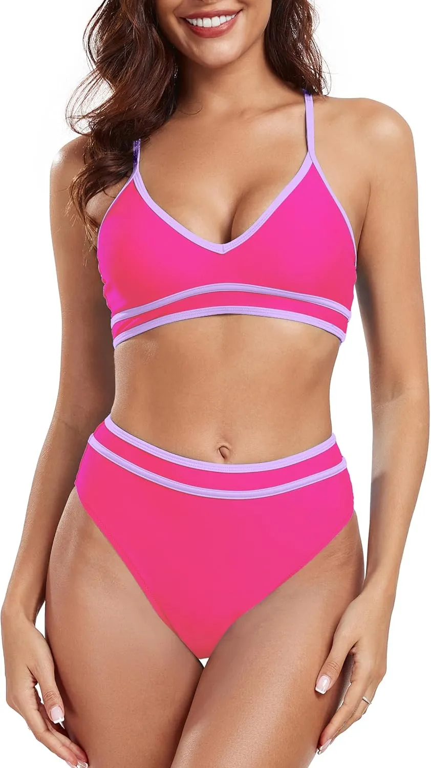 RELLECIGA Women's High Waisted Bikini Set V Neck Color Block Tummy Control Two Piece Bathing Suits