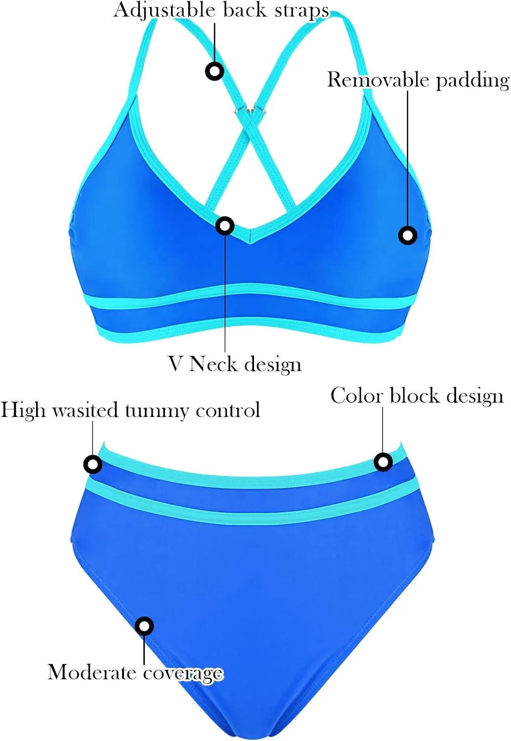 RELLECIGA Women's High Waisted Bikini Set V Neck Color Block Tummy Control Two Piece Bathing Suits