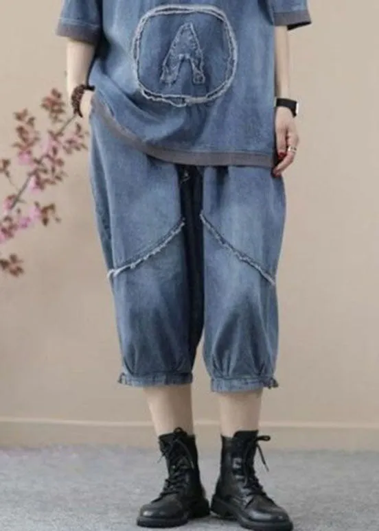 Retro Blue Hooded Zippered Patchwork Denim Two Pieces Set