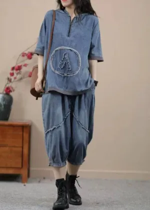 Retro Blue Hooded Zippered Patchwork Denim Two Pieces Set