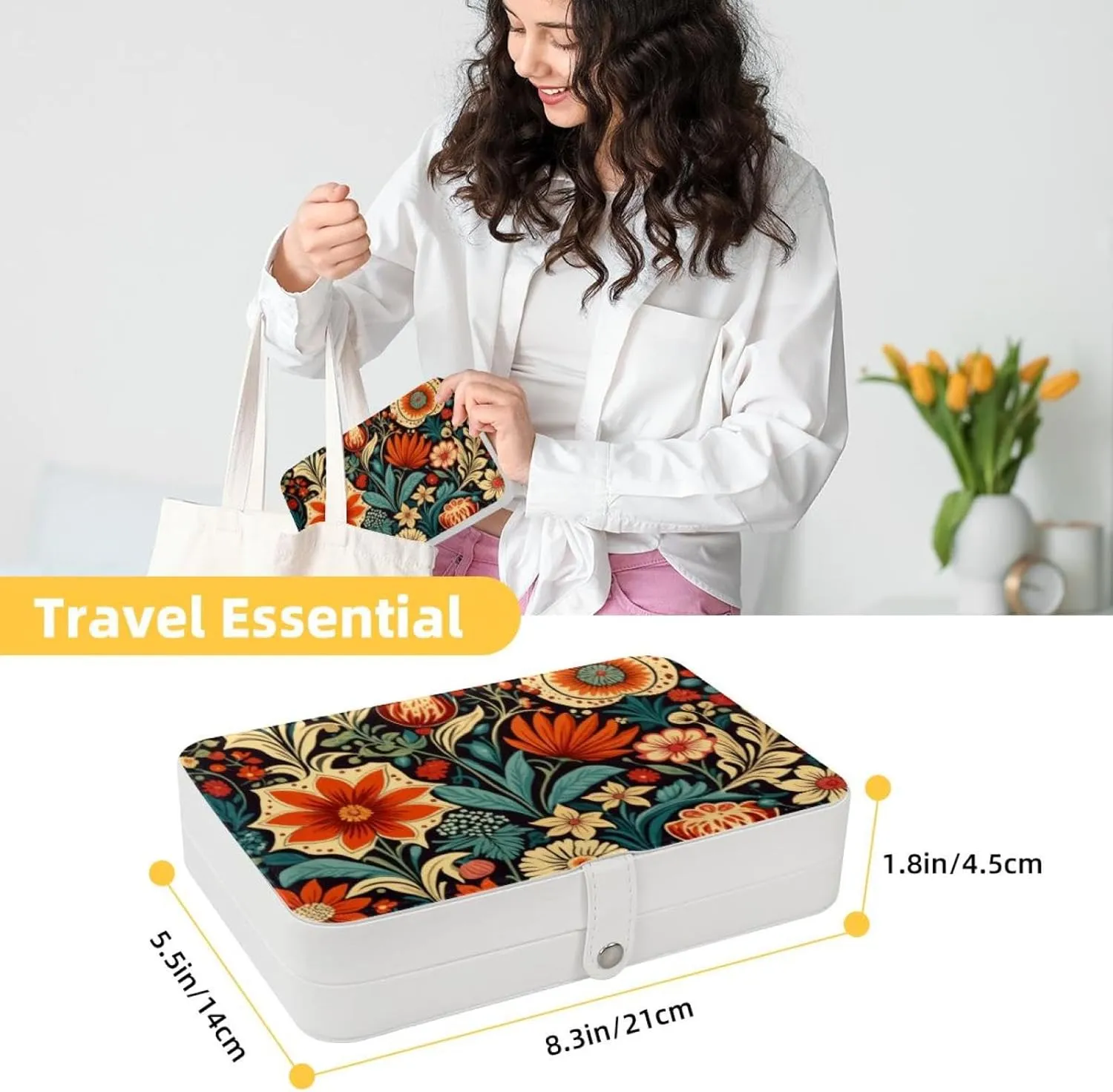 Retro Flowers Pattern Jewelry Box Necklace Ring Storage Organizer, PU Leather Jewelry case Portable Travel Jewelry Organizer for Women Girls