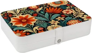 Retro Flowers Pattern Jewelry Box Necklace Ring Storage Organizer, PU Leather Jewelry case Portable Travel Jewelry Organizer for Women Girls