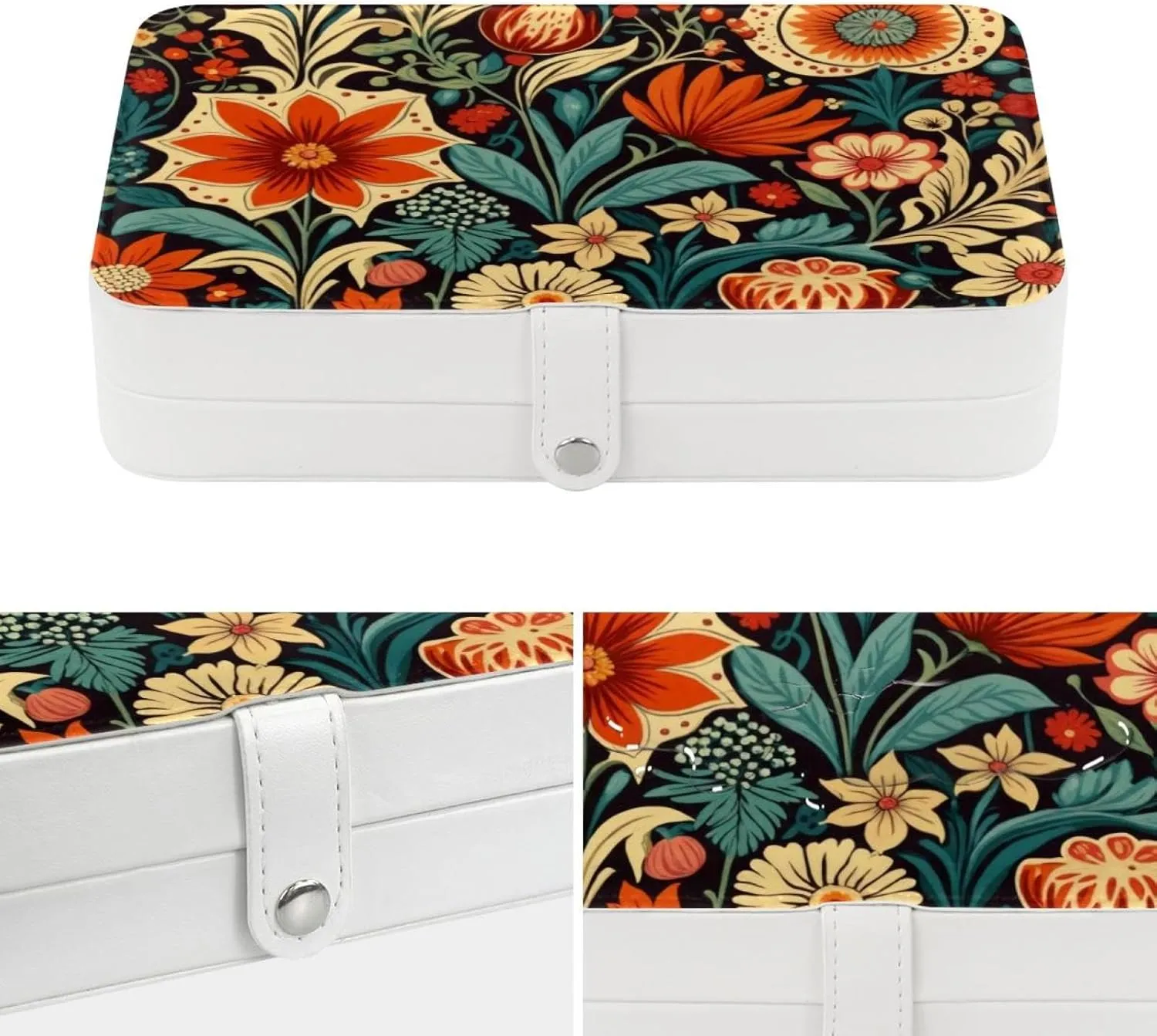 Retro Flowers Pattern Jewelry Box Necklace Ring Storage Organizer, PU Leather Jewelry case Portable Travel Jewelry Organizer for Women Girls