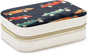 Retro Race Cars Pattern Travel Jewelry Box, Double Layer Portable Travel Display Case Storage Holder Boxes for Stud Earrings, Rings, Necklaces, Bracelets