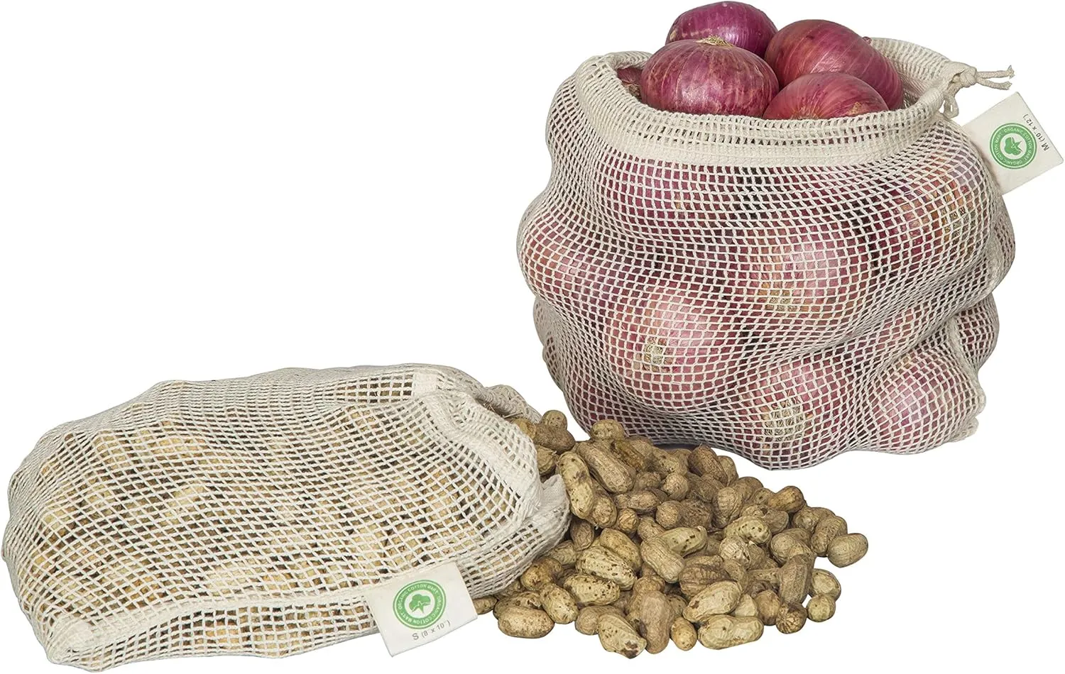 Reusable Mesh Vegetable Bags of 100% Organic Cotton - 6 Pieces Perfect Net Produce Bags - Eco-friendly, Bio-degradable & Washable Fruit, Vegetable & Produce Bags (3 Medium, 3 Small)