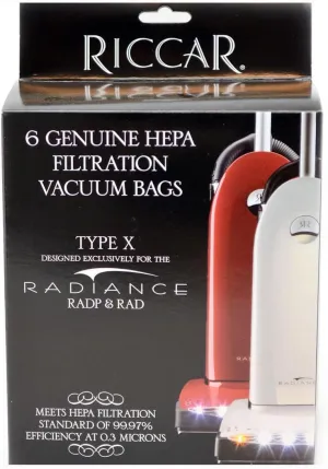 Riccar Upright HEPA Bag 6 Pack Bags Type X Radiance; Simplicity Synergy by Riccar