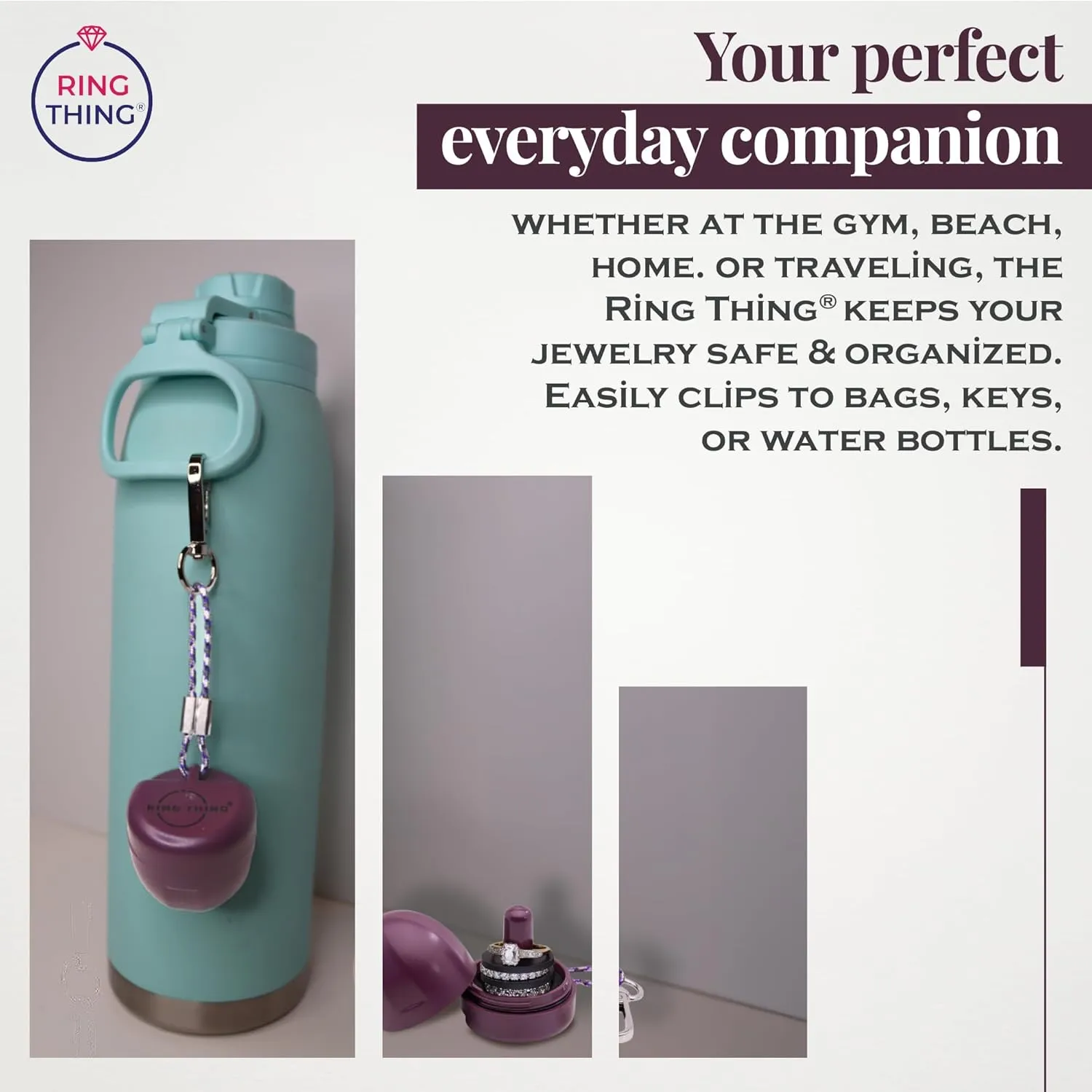 Ring Holder Keychain, Jewelry Organizer and Storage, Portable Waterproof Ring Holder, Pill Box Keychain Container, Gym Accessory, and Travel Ring Case (Deep Plum)