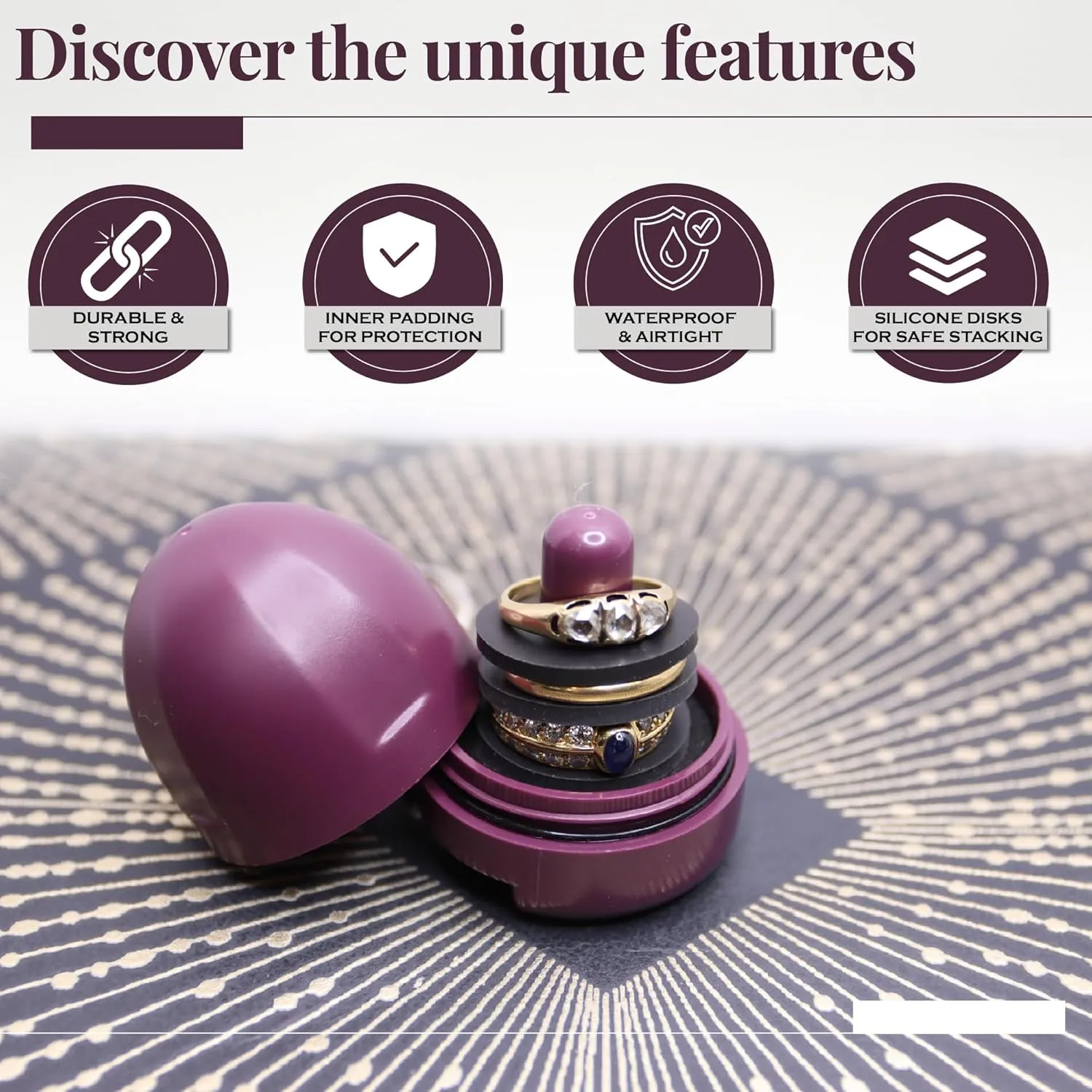 Ring Holder Keychain, Jewelry Organizer and Storage, Portable Waterproof Ring Holder, Pill Box Keychain Container, Gym Accessory, and Travel Ring Case (Deep Plum)