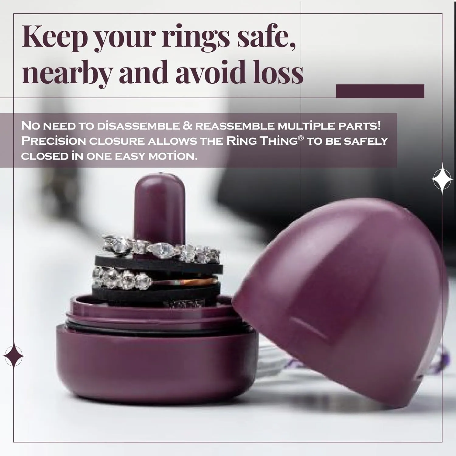 Ring Holder Keychain, Jewelry Organizer and Storage, Portable Waterproof Ring Holder, Pill Box Keychain Container, Gym Accessory, and Travel Ring Case (Deep Plum)