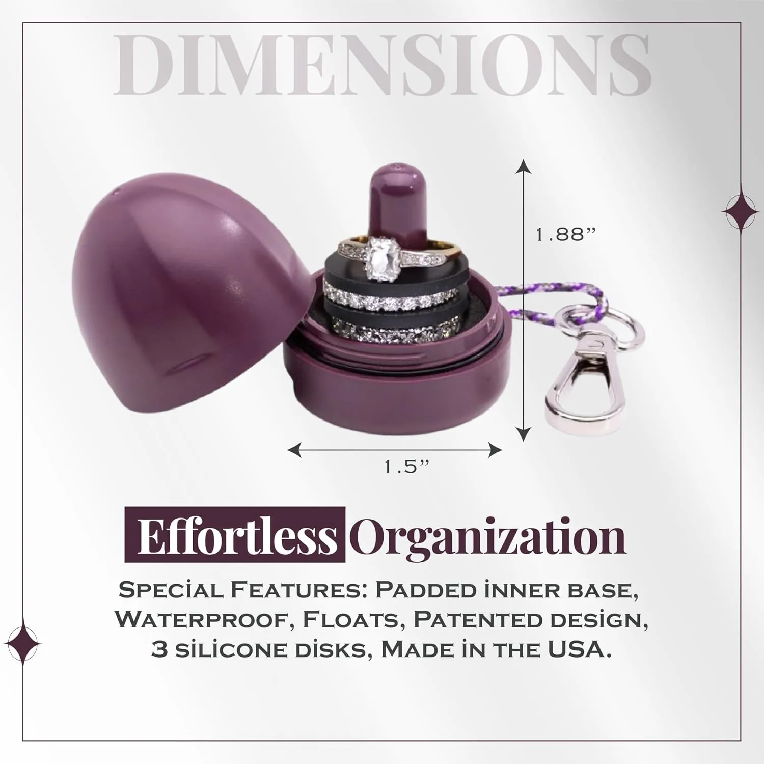 Ring Holder Keychain, Jewelry Organizer and Storage, Portable Waterproof Ring Holder, Pill Box Keychain Container, Gym Accessory, and Travel Ring Case (Deep Plum)