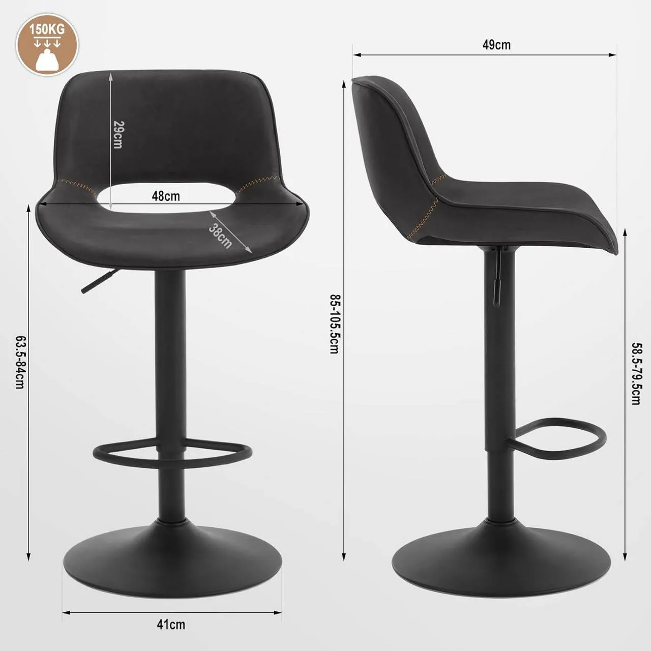 Rootz Faux Leather Bar Stool - Vintage Bar Chair - Waterproof & Ergonomic - Adjustable Height - 48cm x (85-105.5cm) x 49cm