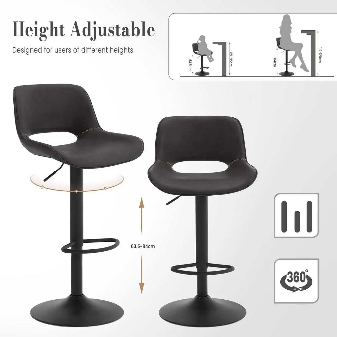 Rootz Faux Leather Bar Stool - Vintage Bar Chair - Waterproof & Ergonomic - Adjustable Height - 48cm x (85-105.5cm) x 49cm