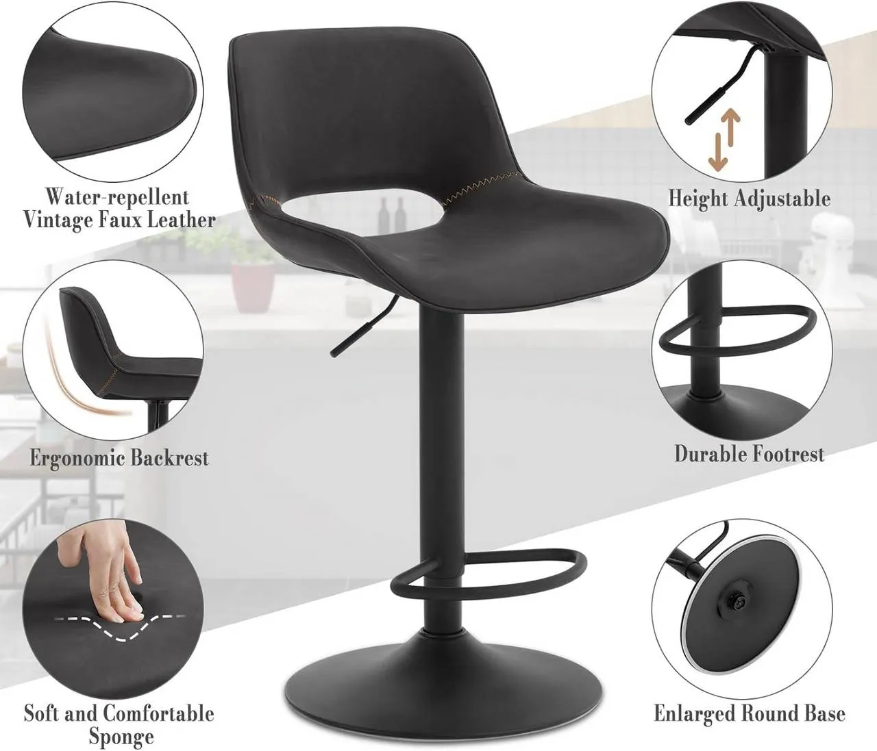 Rootz Faux Leather Bar Stool - Vintage Bar Chair - Waterproof & Ergonomic - Adjustable Height - 48cm x (85-105.5cm) x 49cm