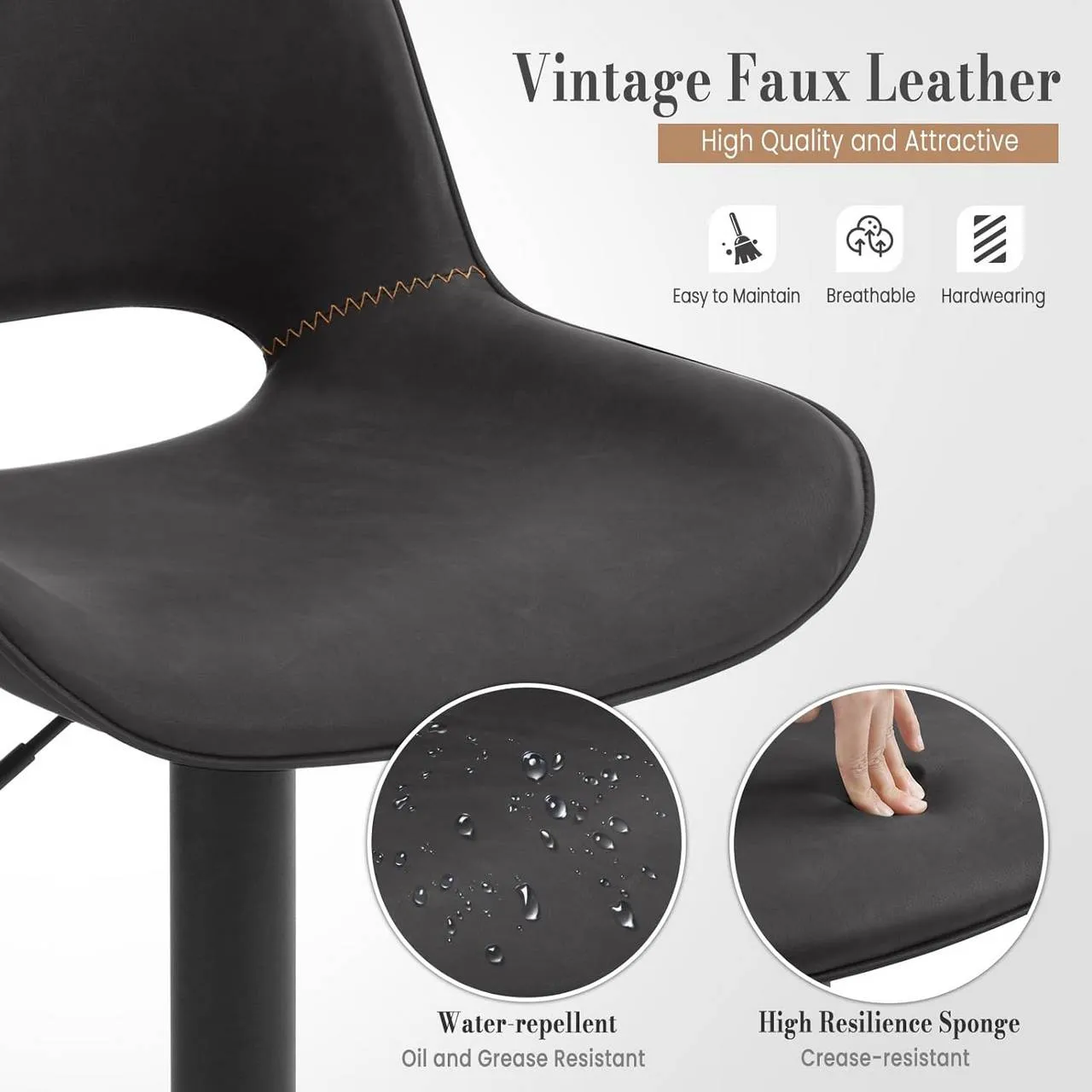 Rootz Faux Leather Bar Stool - Vintage Bar Chair - Waterproof & Ergonomic - Adjustable Height - 48cm x (85-105.5cm) x 49cm