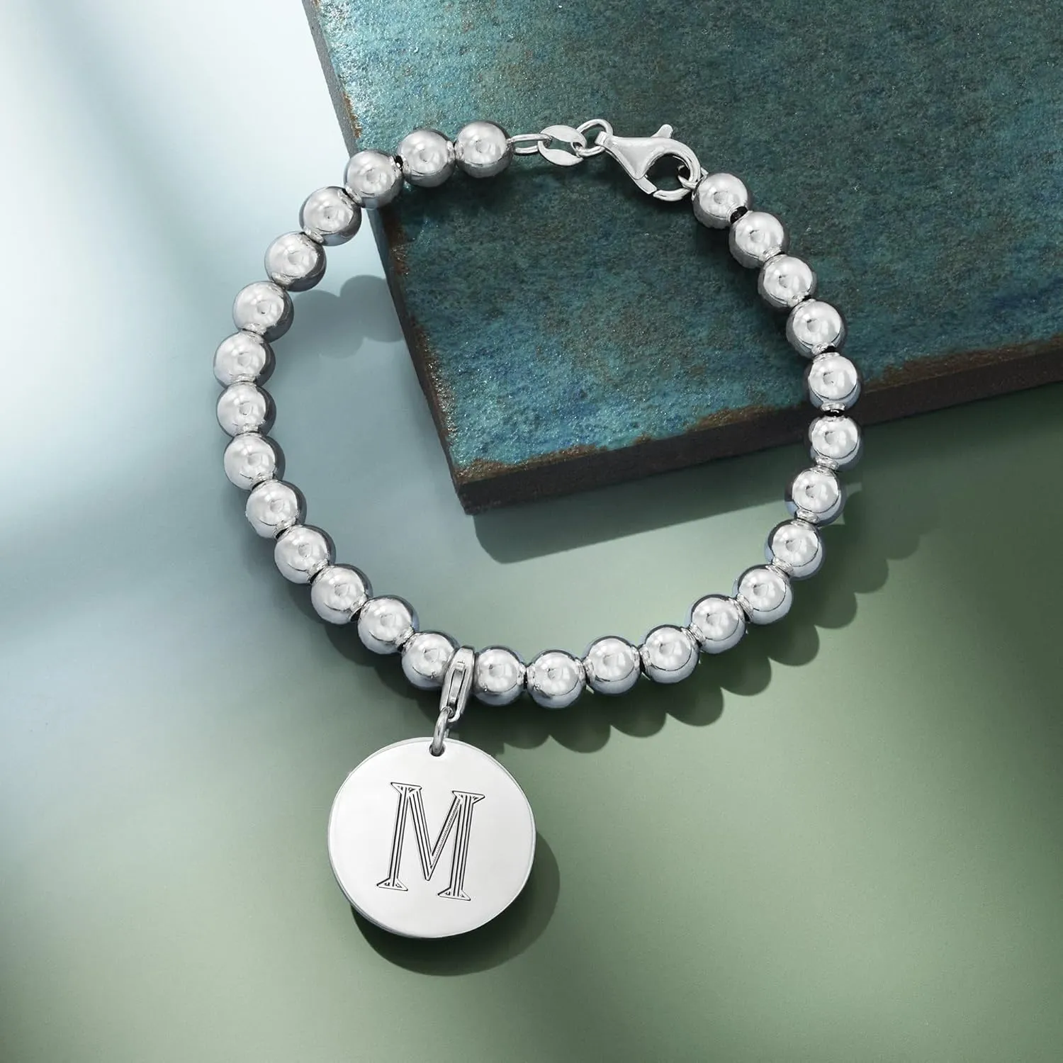Ross-Simons Italian 6mm Sterling Silver Bead Bracelet With Personalized Disc Charm