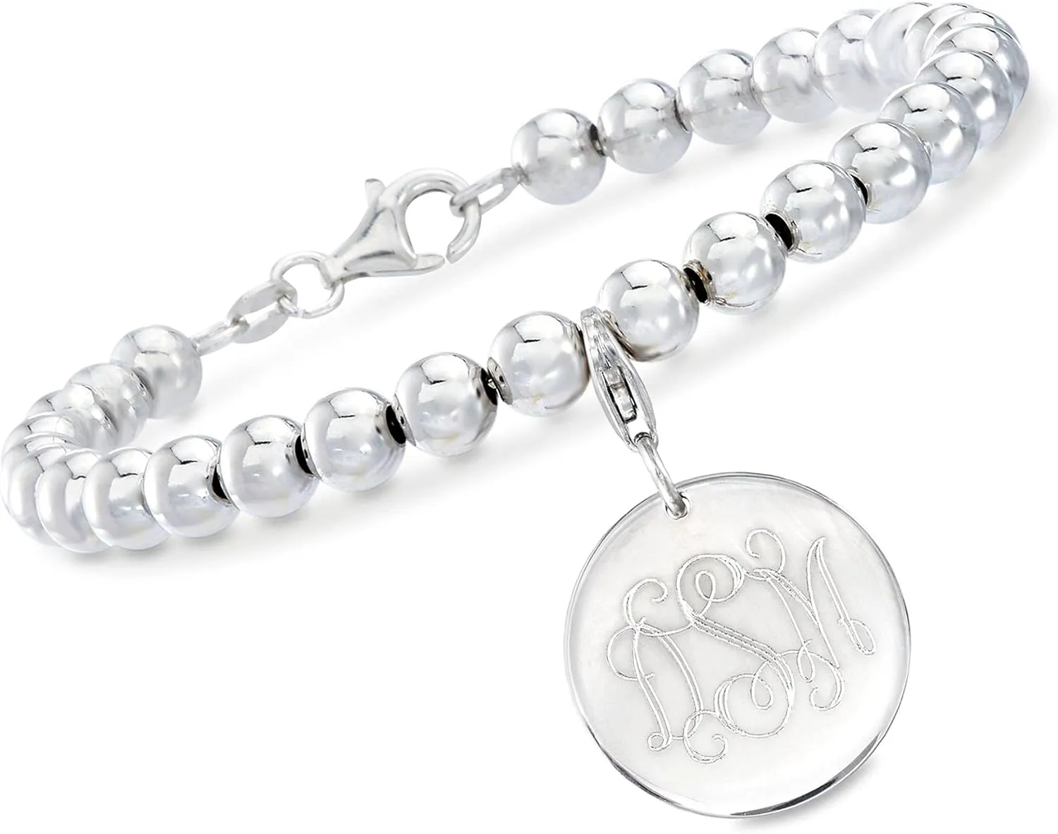 Ross-Simons Italian 6mm Sterling Silver Bead Bracelet With Personalized Disc Charm