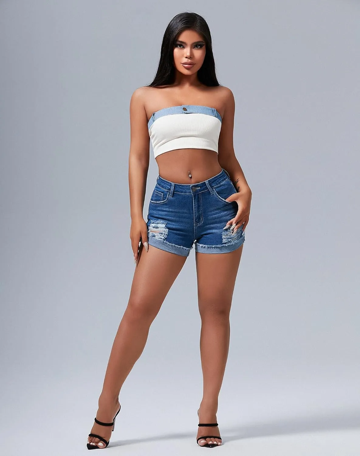 roswear Women's Ripped Mid Rise Stretchy Denim Jeans Shorts