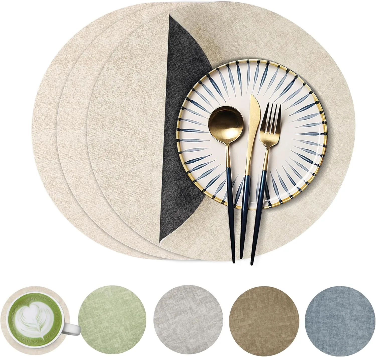 Round Faux Leather Placemats Set of 4, Waterproof Anti-Slip Dual Sided Placemats, Heat Resistant Washable Table Mats with Coaster, Suitable for Indoor & Outdoor (4, Black Beige)