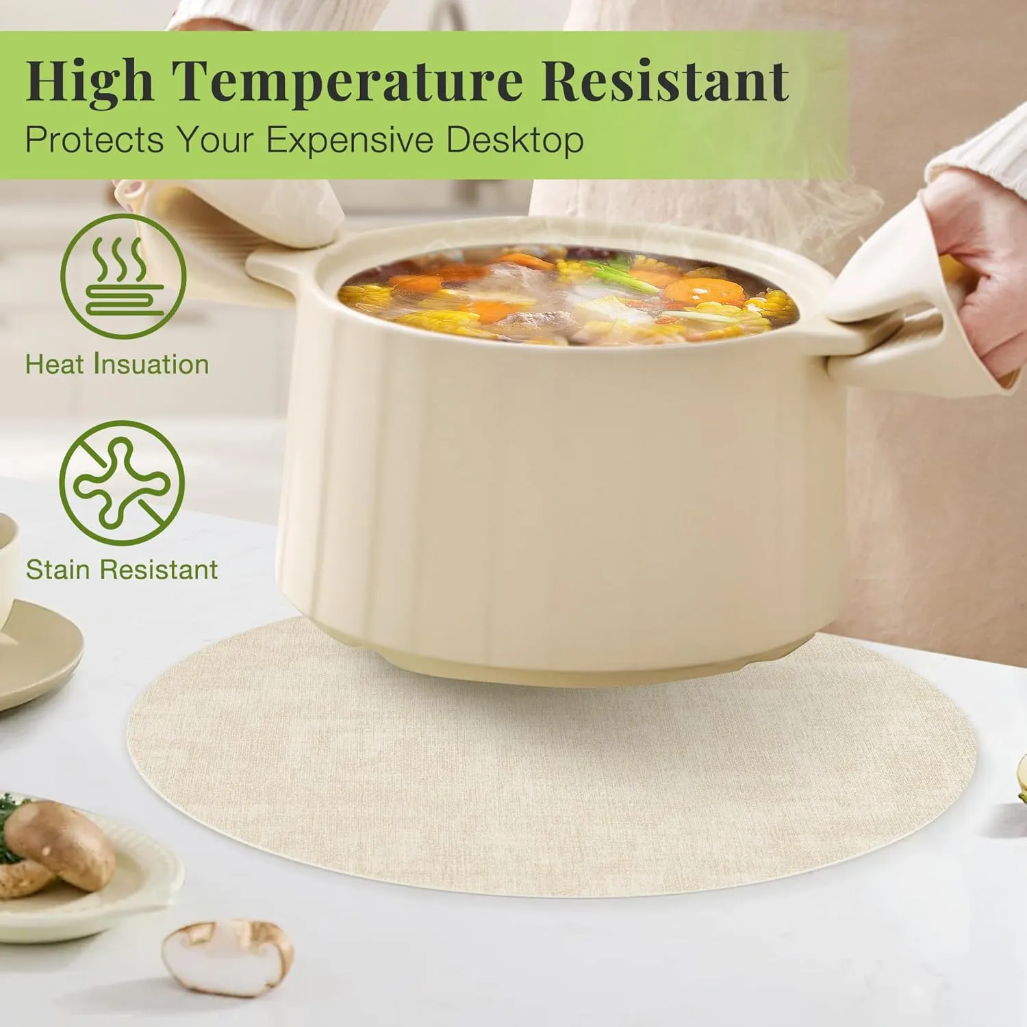 Round Faux Leather Placemats Set of 4, Waterproof Anti-Slip Dual Sided Placemats, Heat Resistant Washable Table Mats with Coaster, Suitable for Indoor & Outdoor (4, Black Beige)