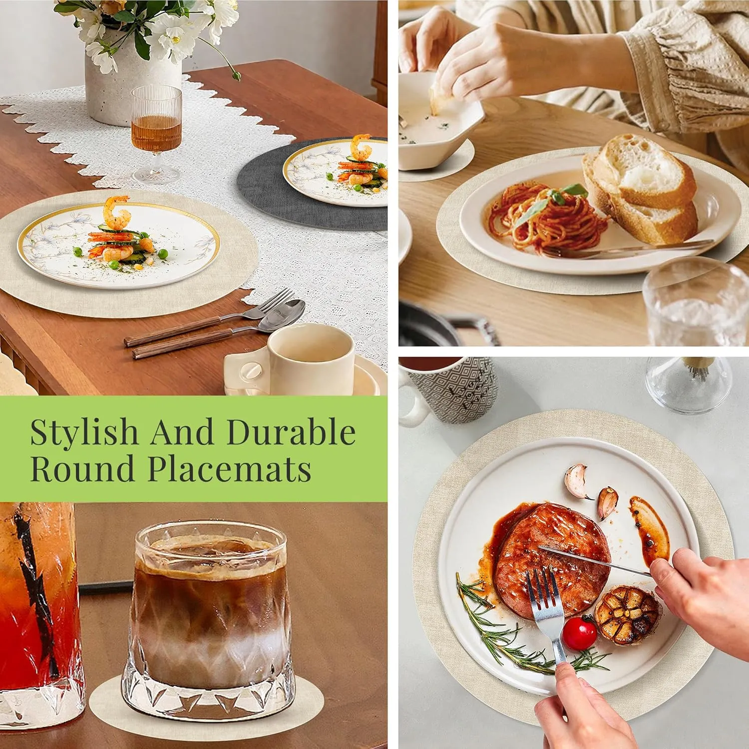 Round Faux Leather Placemats Set of 4, Waterproof Anti-Slip Dual Sided Placemats, Heat Resistant Washable Table Mats with Coaster, Suitable for Indoor & Outdoor (4, Black Beige)
