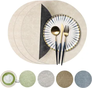 Round Faux Leather Placemats Set of 4, Waterproof Anti-Slip Dual Sided Placemats, Heat Resistant Washable Table Mats with Coaster, Suitable for Indoor & Outdoor (4, Black Beige)