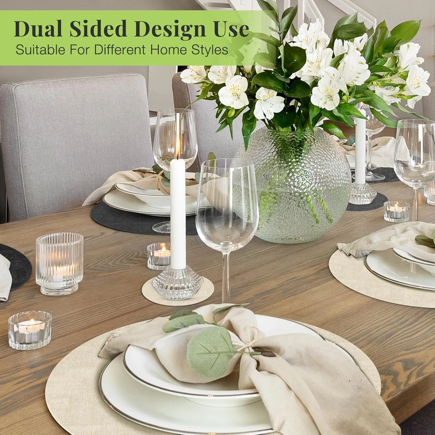 Round Faux Leather Placemats Set of 4, Waterproof Anti-Slip Dual Sided Placemats, Heat Resistant Washable Table Mats with Coaster, Suitable for Indoor & Outdoor (4, Black Beige)