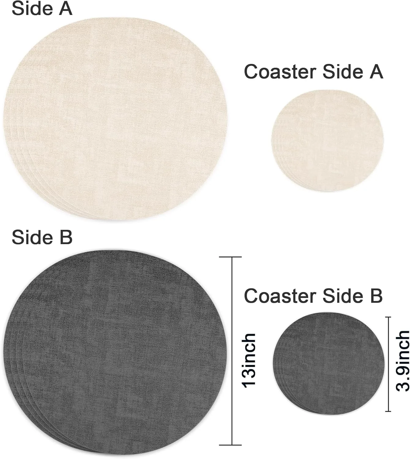 Round Faux Leather Placemats Set of 4, Waterproof Anti-Slip Dual Sided Placemats, Heat Resistant Washable Table Mats with Coaster, Suitable for Indoor & Outdoor (4, Black Beige)