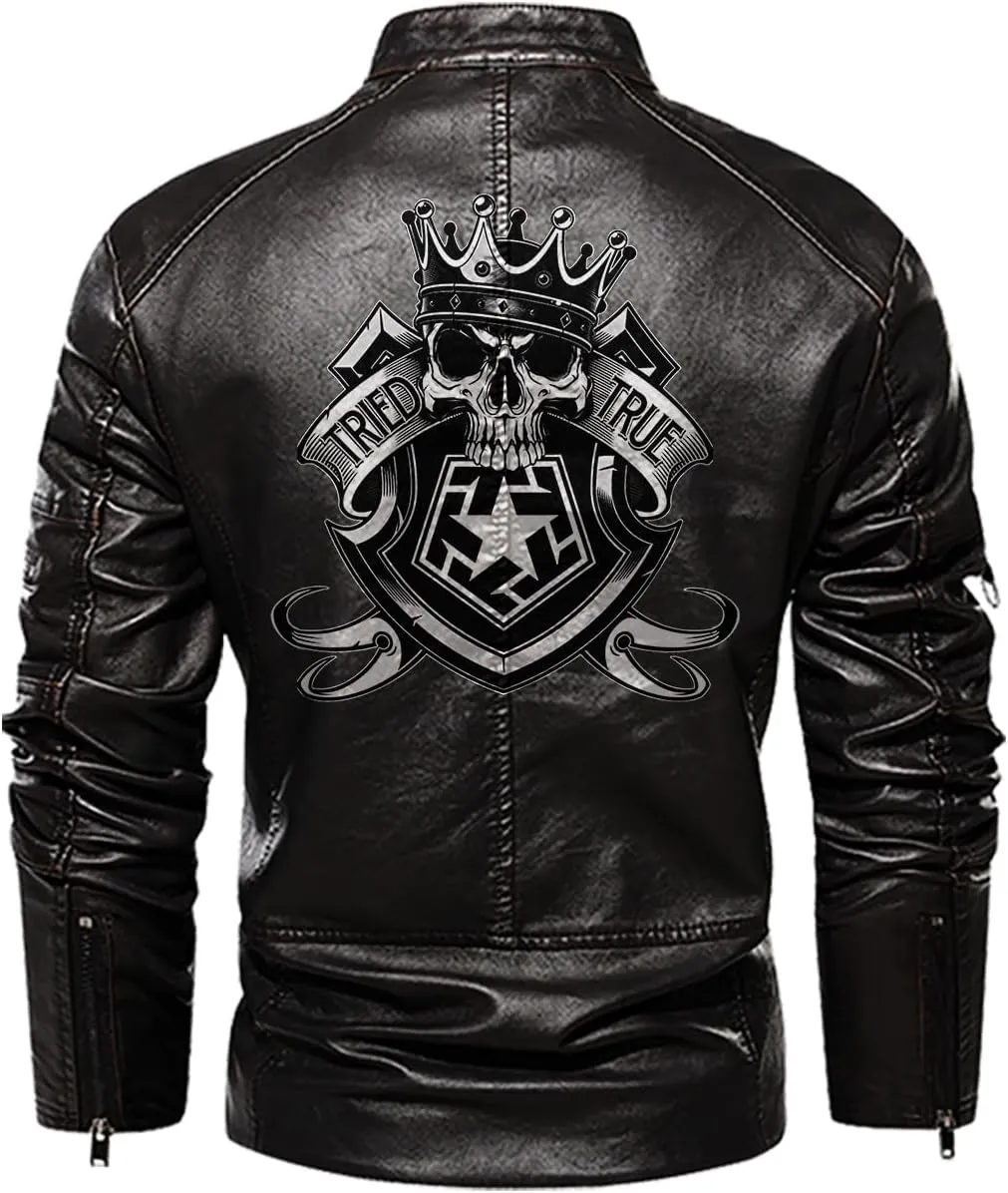 Royal Skull with Crown and Shield Emblem for Motorcycle Riders, Personalized Mens PU Leather Vest Coat Custom Jacket